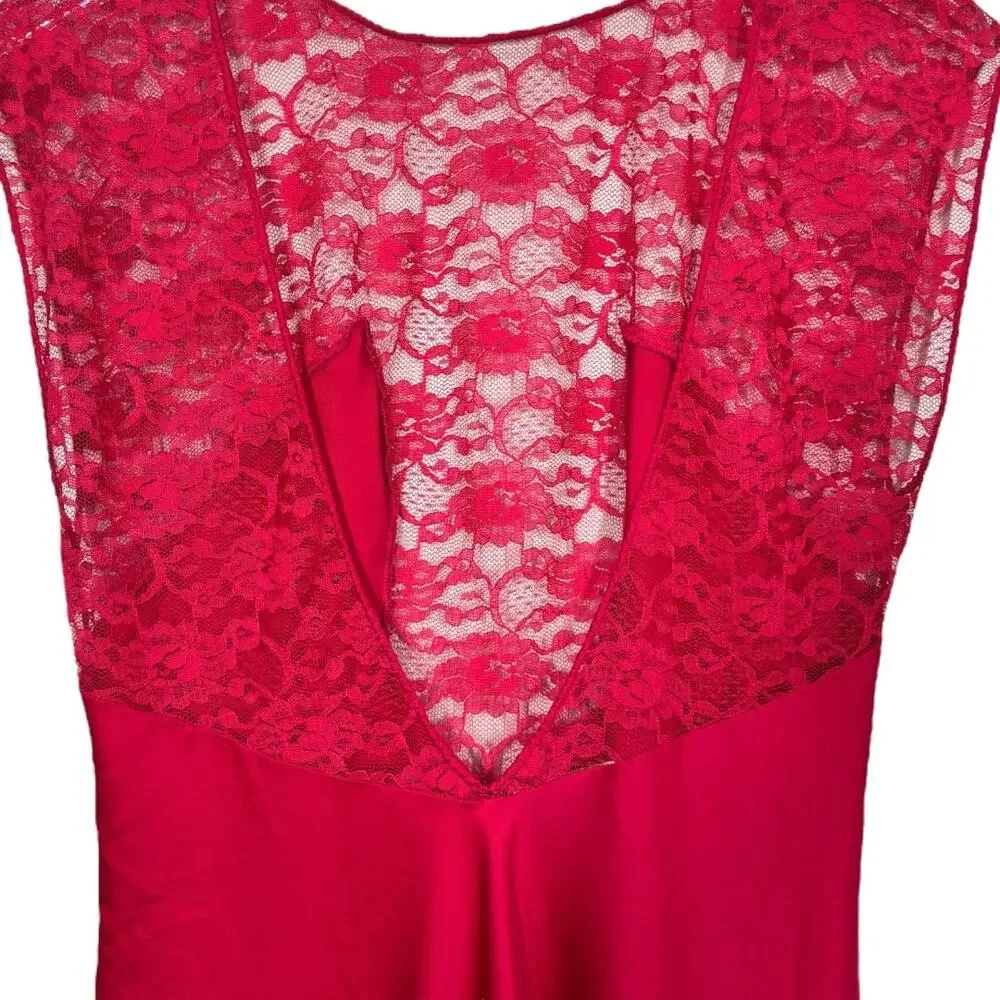 Vintage Linda Lingerie Nightgown Red Silky Nylon Lace Small Slip Dress Long - Picture 4 of 5